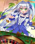  1girl ao_(ao_10bx) blue_hair blurry blurry_background blush character_request chips clenched_hand collarbone commentary_request dress fang flower_knight_girl food gambling green_eyes hair_ribbon highres jewelry long_hair looking_at_viewer multicolored_hair necklace open_mouth ribbon shiny solo throwing twintails 