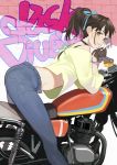  1girl ass bangs bare_shoulders blue_ribbon brown_hair denim dusk_diver gloves ground_vehicle hair_ribbon highres jeans juz looking_at_viewer motor_vehicle motorcycle pants parted_lips ponytail ribbon sleeves_past_elbows solo 
