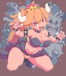  1girl abs armlet artist_name bangs bare_shoulders black_footwear blonde_hair bob-omb boo bowsette bracelet breasts bullet_bill buzzy_beetle chain_chomp claw_pose claws cleavage closed_mouth collar collarbone crown dry_bones earrings fangs female full_body gem goomba hands_up heart high_heels horns jewelry jpeg_artifacts kneeling large_breasts looking_at_viewer mario_(series) mini_crown navel new_super_mario_bros._u_deluxe open_mouth orange_panties outline panties piranha_plant pointy_ears ponytail red_eyes sharp_teeth shoes signature smile solo_focus spiked_bracelet spiked_collar spikes star starmilk strapless striped striped_panties super_crown tail teeth thwomp tied_hair tongue tongue_out tubetop turtle_shell underwear white_outline 