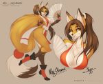  2019 5_fingers alternate_species anthro breasts brown_hair canid canine cleavage clothed clothing digital_media_(artwork) fatal_fury female folding_fan fox furrification hair hand_fan jesonite king_of_fighters long_hair mai_shiranui mammal one_eye_closed open_mouth open_smile signature simple_background smile solo standing url video_games wink 