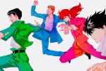  0mimi3 4boys bangs belt black_eyes black_footwear black_hair blue_jacket blue_pants feet_out_of_frame foreshortening green_jacket green_pants hiei_(yuu_yuu_hakusho) highres jacket kurama kuwabara_kazuma long_hair long_sleeves male_focus multiple_boys open_mouth pants pompadour ponytail profile red_hair red_jacket red_pants shirt shirt_tucked_in shoes short_hair smile teeth urameshi_yuusuke white_shirt yuu_yuu_hakusho 