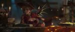  1girl blonde_hair blue_eyes blurry blurry_background bodice book brown_gloves candle candlelight cape cat cauldron chin_rest chinese_commentary commentary_request earrings elbow_gloves gloves hat highres jack-o&#039;-lantern jewelry legs_crossed mechanical_wings mercy_(overwatch) overwatch silk sitting skull solo spider_web table vnug7855 wings witch witch_hat witch_mercy 