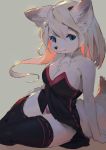  absurd_res anthro big_breasts black_clothing black_dress blue_eyes breasts canid canine cleavage clothed clothing female fur hair hi_res kemono legwear long_hair looking_at_viewer mammal shian simple_background sitting thigh_highs white_fur white_hair 
