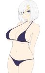  1girl absurdres arms_behind_back bikini black_bikini blue_eyes breasts cleavage collarbone commentary_request cowboy_shot flat_color hair_ornament hair_over_one_eye hairclip hamakaze_(kantai_collection) highres kantai_collection kusahagane large_breasts navel short_hair silver_hair simple_background solo swimsuit white_background work_in_progress 