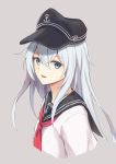  1girl anchor_print baseball_cap black_headwear black_sailor_collar blue_eyes cropped_torso eyebrows_visible_through_hair grey_background hair_between_eyes hat hibiki_(kantai_collection) kantai_collection long_hair looking_at_viewer mugura_(kawasemi-m) neckerchief red_neckwear sailor_collar shirt silver_hair simple_background solo upper_body very_long_hair white_shirt 