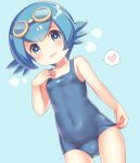  1girl animal_print bare_arms bare_shoulders blue_eyes blue_hair blush breasts collarbone cowboy_shot creatures_(company) eyebrows_visible_through_hair female fish_print game_freak gluteal_fold goggles heart highres looking_at_viewer nintendo one-piece_swimsuit parted_lips pokemon pokemon_(anime) pokemon_(game) pokemon_sm_(anime) pokeon_(anime) porocha school_swimsuit shiny shiny_clothes simple_background small_breasts solo spoken_heart suiren_(pokemon) swimsuit swimsuit_pull 