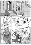  2019 anthro breasts building city clothed clothing comic dialogue disney ears_down english_text felid female hi_res judy_hopps lagomorph mammal monochrome mouse pantherine pencils_(artist) pointing police police_uniform procyonid rabbit raccoon rodent text tiger uniform zootopia 