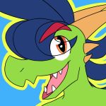  2019 abstract_background ambiguous_gender anthro blue_hair dinosaur dragon dromaeosaurid green_scales greenlinzerd hair horn hybrid icon linzer lizard looking_up nude orange_eyes reptile scales scalie sharp_teeth smile solo teeth theropod 