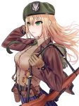  1girl backpack bag bayonet belt beret blonde_hair bullet commentary_request girls_frontline gloves green_eyes gun hat highres long_hair m1_garand m1_garand_(girls_frontline) military_hat necktie revision rifle sheath sheathed solo testame weapon white_background 