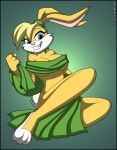  2018 3_toes 4_fingers anthro black_border blonde_hair blue_eyes border breasts clothed clothing eyelashes female fur gradient_background green_background grin hair lagomorph lexi_bunny long_ears loonatics_unleashed looney_tunes mammal rabbit simple_background smile solo toes verona7881 warner_brothers white_fur yellow_fur 