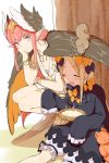  2girls 7dango7 abigail_williams_(fate/grand_order) blonde_hair bloomers bow cheek_rest circe_(fate/grand_order) fate/grand_order fate_(series) multiple_girls pink_hair pointy_ears sleeves_past_fingers sleeves_past_wrists smile squatting squirrel stuffed_animal stuffed_toy teddy_bear tree under_tree underwear winged_hair_ornament wings 