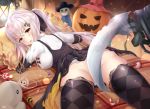  1girl alternate_costume anti-materiel_rifle argyle argyle_legwear ass bangs black_dress blush breasts candy detached_sleeves dress eyebrows_visible_through_hair fake_scythe food from_behind girls_frontline gun hair_between_eyes hair_ornament hair_ribbon hairclip halloween iws-2000_(girls_frontline) lace lace-trimmed_legwear long_hair looking_at_viewer looking_back lying napalmbit on_stomach open_mouth panties pillow pinafore_dress ponytail red_eyes ribbon rifle scythe sidelocks silver_hair skindentation sniper_rifle solo steyr_iws_2000 thighs underwear v-shaped_eyebrows weapon white_panties 