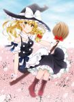  1girl apron black_headwear blonde_hair boots bow braid breasts broom broom_riding brown_footwear cherry_blossoms cloud cloudy_sky cross-laced_footwear day eyebrows_visible_through_hair flying frills full_body hair_ribbon hat hat_bow highres kirisame_marisa long_hair looking_at_viewer maid_apron medium_breasts off_shoulder petals ribbon short_sleeves side_braid skirt skirt_set sky smile solo touhou tress_ribbon vest witch_hat wrist_cuffs yellow_eyes yuricyan 