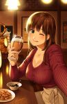  1girl alcohol bangs bar beer beer_tap blush bowl breasts brown_hair cellphone cleavage collarbone cup domestic_na_kanojo fingers food green_eyes holding holding_cup large_breasts licking_lips long_hair looking_at_viewer one_eye_closed phone plate ribbed_sweater sasuga_kei sitting smartphone smile sweater tachibana_hina tongue tongue_out 