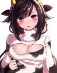  1girl animal_ears animal_print blush breasts brown_hair cleavage cleavage_cutout clenched_hand commentary_request cow_ears cow_horns cow_print hand_up highres horns large_breasts long_hair long_sleeves looking_at_viewer neit_ni_sei nijisanji red_eyes smile solo upper_body virtual_youtuber white_background yamiyono_moruru 