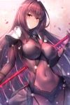  1girl aura bangs blurry blurry_background blush bodysuit breasts confetti covered_navel cowboy_shot curvy eyebrows_visible_through_hair fate/grand_order fate_(series) gae_bolg hair_between_eyes highres holding holding_spear holding_weapon large_breasts long_hair looking_at_viewer motokonut pauldrons petals polearm purple_bodysuit purple_hair red_eyes scathach_(fate)_(all) scathach_(fate/grand_order) sidelocks smile solo spear very_long_hair weapon 