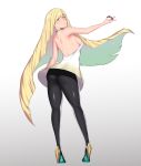  1girl ass aster_crowley blonde_hair breasts creatures_(company) dress from_behind game_freak gradient gradient_background green_eyes grey_background hair_over_one_eye high_heels highres holding holding_poke_ball long_hair lusamine_(pokemon) nintendo pantyhose poke_ball pokemon pokemon_(game) pokemon_sm sideboob smile solo very_long_hair white_background 
