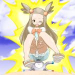  1girl anal black_eyes blue_dress blue_sky blush bow brown_eyes brown_hair cloud collarbone creatures_(company) day dress electrocution female forehead full_body game_freak gen_1_pokemon hair_bobbles hair_ornament highres long_hair magnemite magnet mikan_(pokemon) nintendo one-eyed one_eye_closed open_mouth outdoors panties pokemon pokemon_(creature) pokemon_(game) pokemon_hgss red_bow sandals screw shiny shiny_skin sitting sky solo_focus teeth tied_hair two_side_up underwear upskirt v_arms white_footwear white_panties zeoraito 