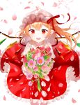  1girl :d baby&#039;s-breath bending_forward blonde_hair bouquet commentary_request daisy earrings eyebrows_visible_through_hair flandre_scarlet flower flower_earrings frilled_skirt frills hair_between_eyes hair_ribbon hat holding holding_bouquet jewelry looking_at_viewer medium_hair mob_cap open_mouth petals petticoat pink_flower pink_rose pointy_ears puffy_short_sleeves puffy_sleeves red_eyes red_skirt red_vest ribbon rose sakipsakip shirt short_sleeves side_ponytail simple_background skirt smile solo standing touhou tulip vest white_background white_headwear white_shirt wind wings 