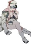  1girl absurdres breasts candy darling_in_the_franxx eyeshadow food green_eyes hair_over_breasts hat highres lollipop looking_at_viewer makeup medium_breasts military military_uniform open_mouth pink_hair straight_hair uniform waira zero_two_(darling_in_the_franxx) 