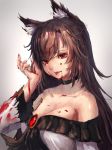  1girl animal_ear_fluff animal_ears bangs bare_shoulders black_choker blood blood_on_face bloody_clothes bloody_hands breasts brooch brown_hair choker cleavage collarbone commentary_request dress gradient gradient_background grey_background hand_up highres imaizumi_kagerou jewelry large_breasts long_hair long_sleeves looking_at_viewer manichi off-shoulder_dress off_shoulder red_eyes sketch smile solo tongue tongue_out touhou upper_body very_long_hair white_dress wide_sleeves wolf_ears 