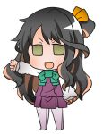 1girl :d bangs black_hair bow brown_hair chibi dress eyebrows_visible_through_hair fang full_body green_bow green_eyes gurageida hair_ribbon kantai_collection long_sleeves multicolored_hair naganami_(kantai_collection) no_shoes one_side_up open_mouth orange_ribbon outstretched_arm pantyhose pleated_dress purple_dress purple_legwear ribbon shirt simple_background sleeveless sleeveless_dress sleeves_past_wrists smile solo standing streaked_hair v-shaped_eyebrows white_background white_shirt 