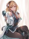  1girl black_gloves black_legwear blonde_hair blush breasts brown_eyes collared_dress djeeta_(granblue_fantasy) dress gloves granblue_fantasy hair_between_eyes hairband half_gloves holding_stethoscope labcoat leg_strap looking_at_viewer medium_breasts necktie pantyhose red_neckwear short_hair sidelocks sitting sleeveless sleeveless_dress smile solo stethoscope yuzuki_karu 