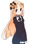  1girl abigail_williams_(fate/grand_order) alternate_costume animal_print bangs black_bow black_dress black_neckwear blonde_hair blue_eyes blush bow butterfly_print closed_mouth commentary_request dress eyebrows_visible_through_hair fate/grand_order fate_(series) forehead hair_bow juliet_sleeves long_hair long_sleeves looking_at_viewer orange_bow parted_bangs puffy_sleeves simple_background sleeves_past_fingers sleeves_past_wrists solo very_long_hair white_background yoru_nai 