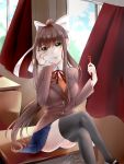  1girl absurdres artist_request bangs blazer blue_skirt blush bow breasts brown_hair brown_vest curtain desk doki_doki_literature_club green_eyes hair_bow hair_ornament hand_on_own_cheek hand_on_own_face heart heart-shaped_pupils heart_pen highres jacket long_hair looking_at_viewer monika_(doki_doki_literature_club) pen red_ribbon ribbon school school_desk sidelocks sitting skirt smile stockings symbol-shaped_pupils thighhighs very_long_hair vest window 