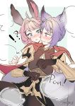  !? 1boy 1girl ahoge aki663 black_gloves blue_eyes blue_hair blush braid cape erune esser gloves granblue_fantasy highres pink_eyes pink_hair quatre_(granblue_fantasy) short_hair sweatdrop twitter_username 