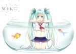  1girl absurdly_long_hair absurdres bangs barefoot blue_bow blue_eyes blue_hair blue_skirt bow character_name fish floating_hair goldfish hair_bow hatsune_miku head_rest highres kneeling long_hair looking_at_viewer midriff miniskirt navel neckerchief partially_submerged pleated_skirt red_neckwear rhode sailor_collar school_uniform serafuku shirt shirt_lift short_sleeves signature simple_background skirt skirt_lift smile solo stomach striped striped_bow twintails very_long_hair vocaloid water white_background white_sailor_collar white_shirt 