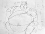  anthro belly belly_overhang big_belly canid canine clothed clothing clothing_lift fur greyscale hyper hyper_belly inside male mammal monochrome moobs morbidly_obese navel obese obese_male overweight overweight_male shirt shirt_lift sitting smile smirk solo tight_clothing white-ryce wide_hips 