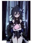  1girl antenna_hair bangs bare_legs black_dress black_hair blue_flower bracelet bug butterfly commentary covered_collarbone cowboy_shot crossed_arms diamond_(shape) dress elsword firefly flower forest frame hair_flower hair_ornament highres insect jewelry laby_(elsword) long_hair looking_down mirror nature night nisha_(elsword) nisha_labyrinth_(elsword) open_clothes open_dress out_of_frame pink_eyes seu_9(banya) sidelocks sleeveless sleeveless_dress solo standing tree very_long_hair 