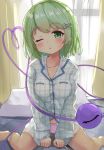  1girl ;o bangs barefoot blush breasts chaha collarbone commentary_request curtains eyebrows_visible_through_hair feet_out_of_frame green_eyes green_hair hair_ornament hairclip heart heart_of_string highres indoors komeiji_koishi long_sleeves looking_at_viewer no_hat no_headwear no_pants one_eye_closed pajamas panties parted_lips pillow pink_panties plaid plaid_pajamas plaid_shirt polka_dot polka_dot_panties shirt short_hair sitting small_breasts solo thighs third_eye touhou underwear wariza 