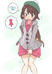  1girl arm_behind_back backpack bag bangs beret blue_panties blush bow bow_panties brown_eyes brown_hair creatures_(company) cropped_legs dress embarrassed female female_protagonist_(pokemon_swsh) flat-chest flying_sweatdrops game_freak green_headwear grey_cardigan hat have_to_pee hinahizu knees_together_feet_apart long_sleeves nintendo nose_blush open_mouth panties peeing peeing_self pink_dress pokemon pokemon_(game) pokemon_swsh shiny shiny_hair short_hair simple_background solo speech_bubble standing tears underwear wet wet_clothes wet_panties white_background 