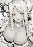  1girl bangs bare_shoulders blush breasts claw_pose cleavage collarbone dark_skin draph fang fur_trim gloves granblue_fantasy grey_background haruken horns jewelry kuvira_(granblue_fantasy) large_breasts long_hair looking_at_viewer monochrome necklace open_mouth parted_bangs pointy_ears simple_background sketch smile solo spot_color upper_body 
