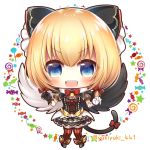  1girl :d bangs black_bow black_footwear black_gloves black_shirt black_skirt black_wings blonde_hair blue_eyes blush bow candy chibi commentary_request eyebrows_visible_through_hair fang feathered_wings food full_body gloves hair_between_eyes hair_bow lollipop maaru_(shironeko_project) mismatched_gloves mismatched_wings open_mouth puffy_short_sleeves puffy_sleeves red_bow red_legwear shironeko_project shirt shoes short_sleeves skirt smile solo standing striped striped_legwear swirl_lollipop thighhighs twitter_username v-shaped_eyebrows vertical-striped_legwear vertical_stripes white_background white_gloves white_wings wings yukiyuki_441 