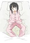  1girl arm_support bangs bedwetting black_eyes black_hair blush eyebrows_visible_through_hair female flat_chest hinahizu light_blush long_hair long_sleeves matching_hair/eyes on_bed open_mouth original pajamas pants peed_self pillow pink_pants pink_shirt puddle shirt sitting sleeves_past_wrists solo spread_legs surprised wet wet_clothes 