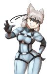  2018 alternate_costume animal_humanoid bandanna breasts cat_humanoid clothing felid felid_humanoid feline feline_humanoid female grey_hair grin hair hi_res humanoid konami mammal metal_gear nia_(xenoblade) simple_background smile solid_snake solo standing subakitsu video_games white_background xenoblade_chronicles_2 