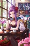  1girl alternate_costume alternate_hairstyle box_(hotpppink) breasts cake cat china_dress chinese_clothes cleavage cleavage_cutout commentary_request dress fate/grand_order fate/stay_night fate_(series) food glasses hair_bun highres long_hair looking_at_viewer medium_breasts pantyhose purple_eyes purple_hair rider sitting solo_focus updo 