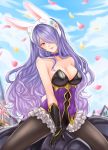  1girl akina_(akn_646) animal_ears bare_shoulders breasts bunny_ears bunny_girl bunny_tail bunnysuit camilla_(fire_emblem_if) cleavage detached_collar fake_animal_ears fire_emblem fire_emblem_heroes fire_emblem_if fishnet_pantyhose fishnets hair_over_one_eye highres large_breasts leotard long_hair looking_at_viewer nintendo pantyhose purple_eyes purple_hair simple_background smile solo tail tiara very_long_hair wavy_hair 