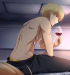  1boy 1girl ahoge artoria_pendragon_(all) bed_sheet black_pants blonde_hair cup fate/stay_night fate_(series) gilgamesh grin highres holding holding_cup indoors looking_at_viewer looking_back male_focus on_bed pants pikoguramyu red_eyes saber sitting smile topless 