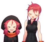  &gt;_&lt; 2girls :d bare_arms bare_shoulders black_jacket blush breasts commentary_request covered_navel facing_viewer forehead height_difference hood jacket kemurikusa low_twintails medium_breasts multiple_girls open_mouth ponytail red_hair red_scarf riku_(kemurikusa) ryou_(kemurikusa) scarf sharp_teeth short_hair siblings sidelocks simple_background sisters sleeveless smile teeth twintails upper_body white_background z.o.b 