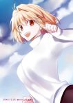  1girl 2016 :d antenna_hair arcueid_brunestud blonde_hair cloud dated day eyebrows_visible_through_hair from_below hair_between_eyes hair_intakes long_sleeves looking_at_viewer nina_(pastime) open_mouth outdoors red_eyes short_hair smile solo sweater tsukihime turtleneck turtleneck_sweater twitter_username upper_body white_sweater 