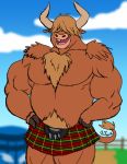  angus_(ferdinand) anthro anthrofied blue_sky bovid bovine caseyljones cattle clothed clothing cloud ferdinand_(film) highland_cattle horn kilt male mammal sky solo topless 