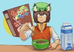  1girl :3 absurdres animal_ears bangs bowl brown_hair cereal cereal_box chanta_(ayatakaoisii) chen earrings eyebrows_visible_through_hair food green_headwear hat highres holding holding_spoon jewelry long_sleeves looking_at_viewer milk milk_carton mob_cap red_vest shirt short_hair smile solo spoon touhou upper_body vest white_shirt 