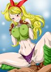  1girl blonde_hair blush breast_squeeze breasts censored cleavage clenched_teeth curly_hair dragon_ball erect_nipples fingerless_gloves girl_on_top gloves gradient gradient_background green_tank_top groin highres large_breasts legs long_hair loose_socks lunch_(dragon_ball) lying mosaic_censoring navel nel-zel_formula panties panties_aside penis purple_panties pussy pussy_juice red_eyes sex simple_background solo_focus tank_top teeth thighs underwear vaginal wet 