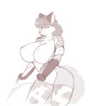  anthro big_breasts breasts canid canine clothed clothing curvaceous featureless_breasts featureless_crotch female fox greyscale huge_breasts mammal monochrome open_shirt sketch solo standing starfighter thick_thighs 