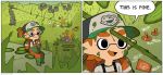  ! 1boy baseball_cap boots domino_mask english_text flyfish_(splatoon) gloves green_footwear green_gloves green_headwear gunshow_(comic) hat headshot ink inkling lifebuoy long_sleeves mask maws_(splatoon) meme nintendo orange_hair orange_overalls overalls parody pointy_ears print_hat rain rubber_boots rubber_gloves salmon_run salmonid shirt smile splashing splatoon splatoon_(series) splatoon_2 spoken_exclamation_mark stinger_(splatoon) this_is_fine vsock white_shirt 