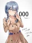  1girl artist_name blue_eyes blue_hair breasts brown_coat cleavage clenched_hand coat collarbone commentary_request cowboy_shot earrings followers gotland_(kantai_collection) hair_bun highres jewelry kantai_collection long_hair looking_at_viewer miyako_(00727aomiyako) mole mole_under_eye simple_background smile solo white_background 